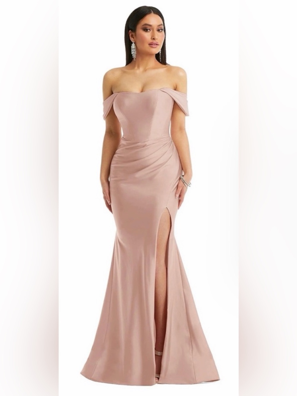 Cynthia & Sahar Off-The-Shoulder Corset Stretch Satin Mermaid Dress Nude